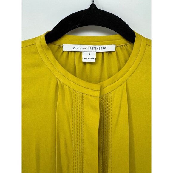 Diane von Furstenberg 100% Silk Mock Neck Button Up Yellow Blouse Shirt - Picture 3 of 9